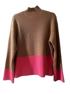 English Factory Elegant Cozy Chic Tan & Pink Color Block Turtleneck Sweater-M